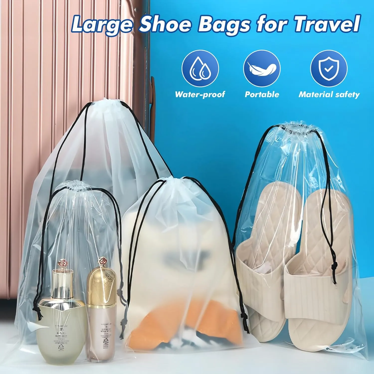 50 Packs Translucent Shoe Bags for Travel 15.7" x 11.8" Portable Drawstring Bags Bulk with label Stickers Waterproof Travel Shoe Bags for Packing Plastic Dustproof Shoe Storage Bags for Men and Women