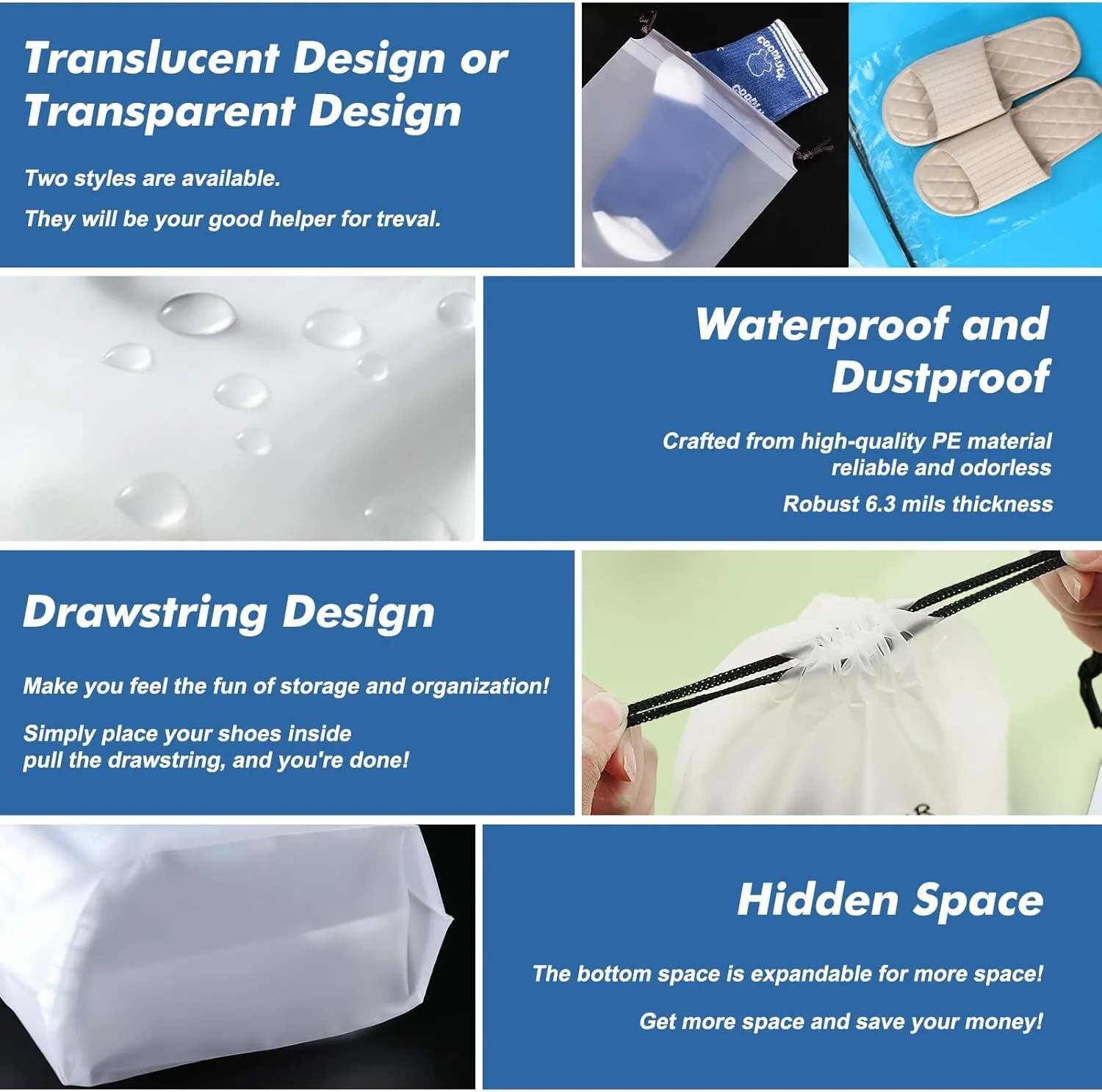 50 Packs Translucent Shoe Bags for Travel 15.7" x 11.8" Portable Drawstring Bags Bulk with label Stickers Waterproof Travel Shoe Bags for Packing Plastic Dustproof Shoe Storage Bags for Men and Women