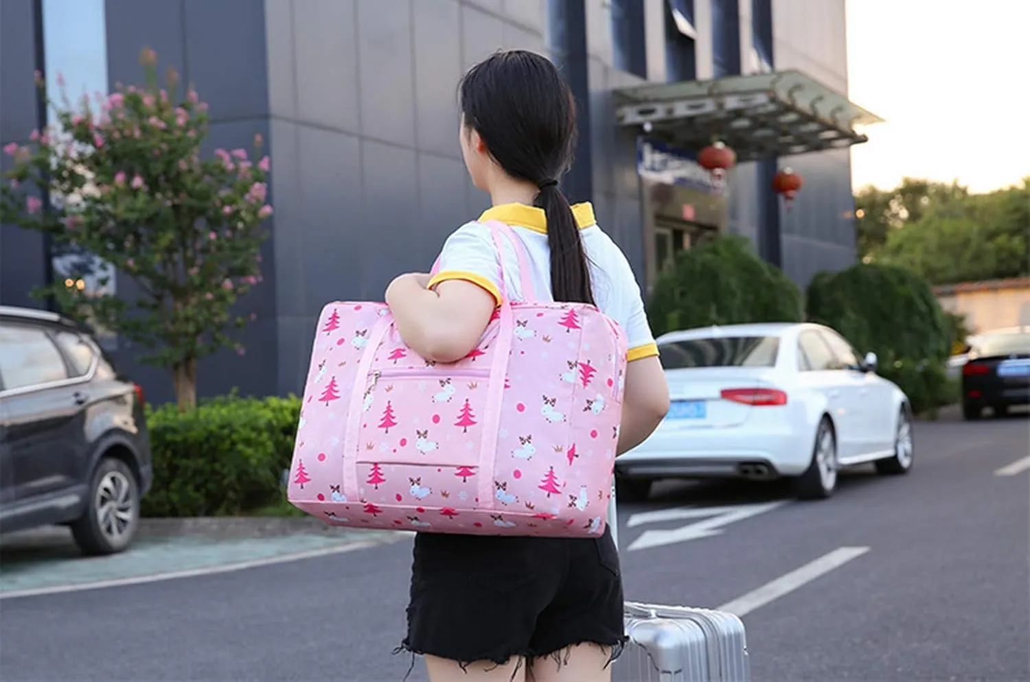 Carry-on Bag Foldable Flight Travel Duffel Travel Luggage Lightweight Travel Duffle Tote Bags Waterproof Organizer Storage (Pink Lamb)