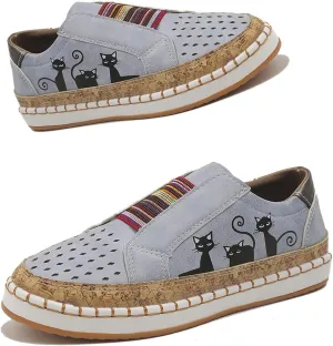 Rayootd Orthopedic Shoes for Women with Cats,Comfortable Breathable Lightweight Flat Elastic Slip-On Loafers Casual Hollow Lightweight Flat Shoes