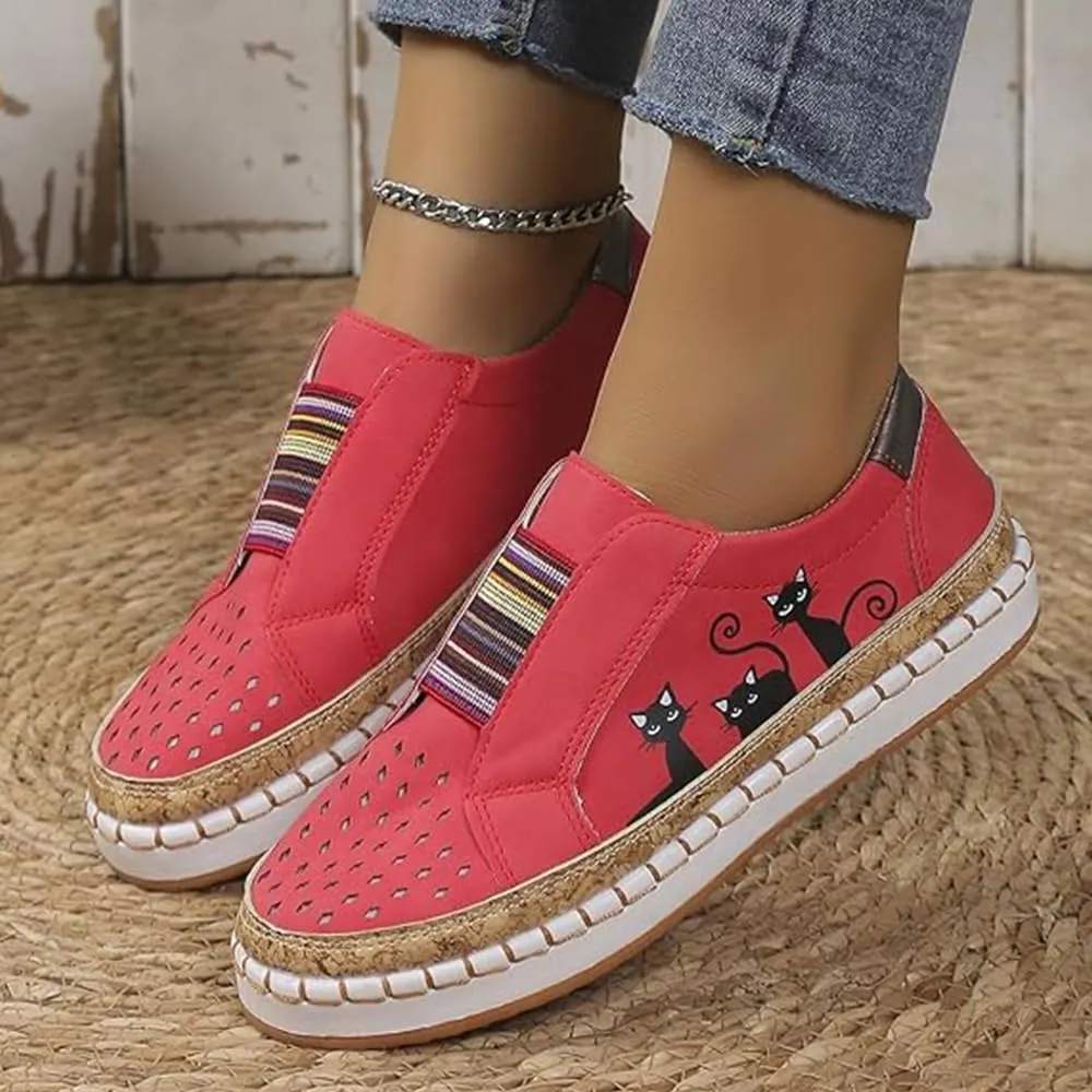 Rayootd Orthopedic Shoes for Women with Cats,Comfortable Breathable Lightweight Flat Elastic Slip-On Loafers Casual Hollow Lightweight Flat Shoes