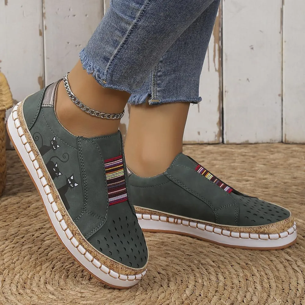 Rayootd Orthopedic Shoes for Women with Cats,Comfortable Breathable Lightweight Flat Elastic Slip-On Loafers Casual Hollow Lightweight Flat Shoes