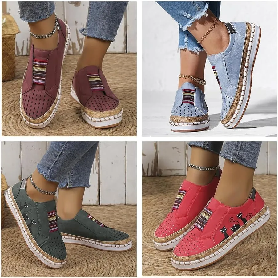 Rayootd Orthopedic Shoes for Women with Cats,Comfortable Breathable Lightweight Flat Elastic Slip-On Loafers Casual Hollow Lightweight Flat Shoes