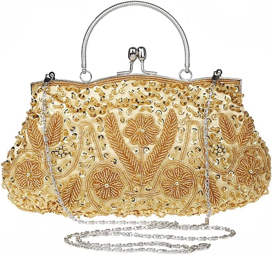 Satin Purse Evening Handbags Wedding Bag Beaded Sequins Clutch for Party