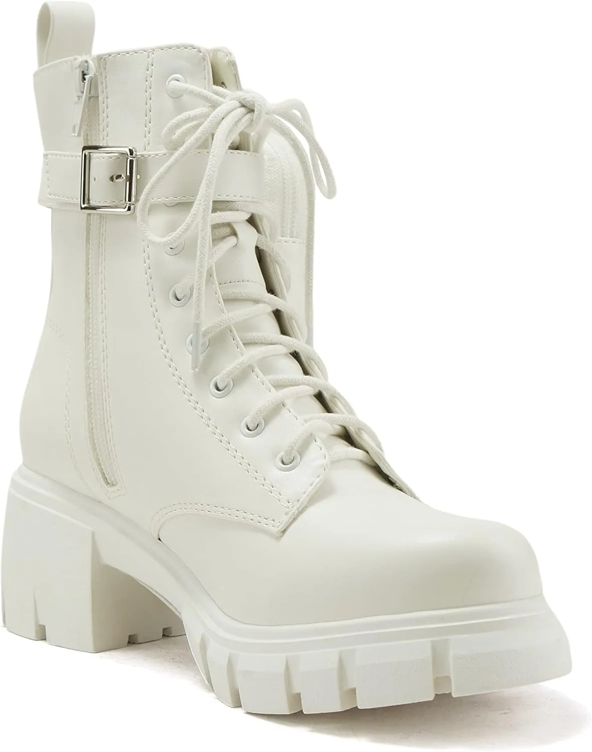 Soda BREACH ~ Women Lug Sole Mid Shaft Chunky Heel Fashion Combat Lace up Bootie W/Side Zipper & Pouch