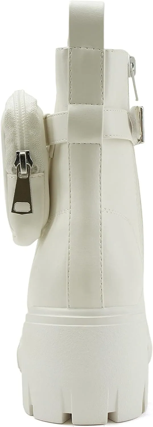 Soda BREACH ~ Women Lug Sole Mid Shaft Chunky Heel Fashion Combat Lace up Bootie W/Side Zipper & Pouch