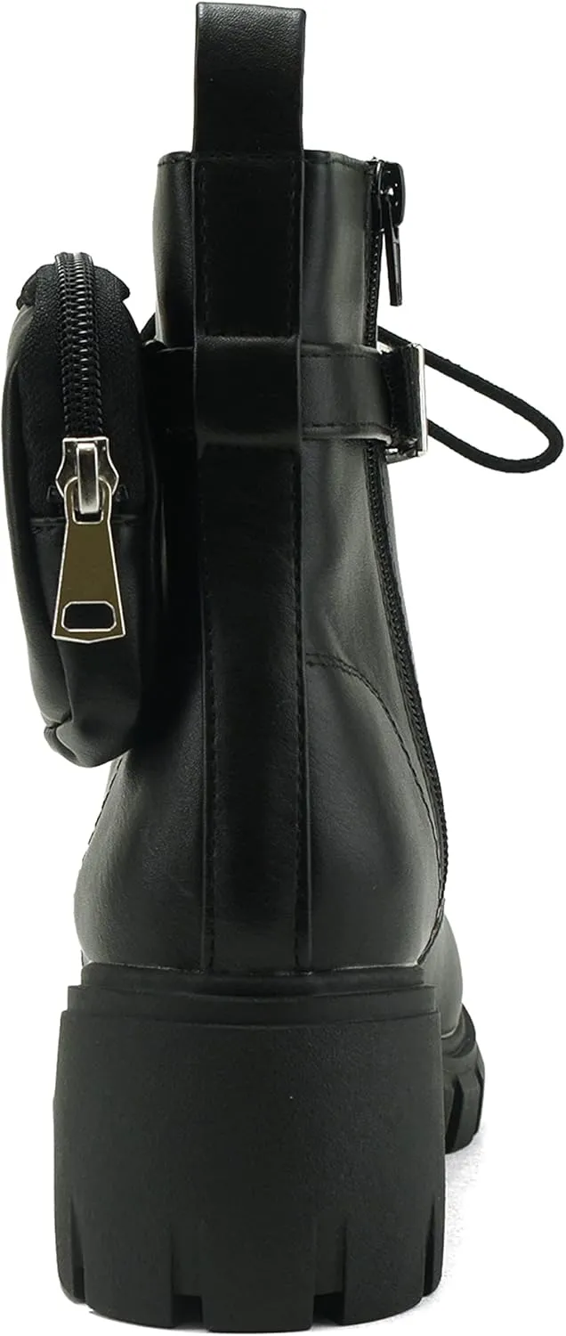 Soda BREACH ~ Women Lug Sole Mid Shaft Chunky Heel Fashion Combat Lace up Bootie W/Side Zipper & Pouch