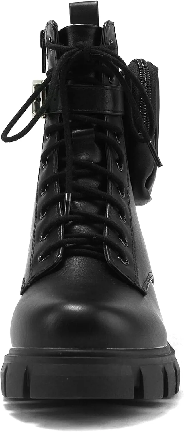 Soda BREACH ~ Women Lug Sole Mid Shaft Chunky Heel Fashion Combat Lace up Bootie W/Side Zipper & Pouch