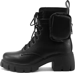 Soda BREACH ~ Women Lug Sole Mid Shaft Chunky Heel Fashion Combat Lace up Bootie W/Side Zipper & Pouch
