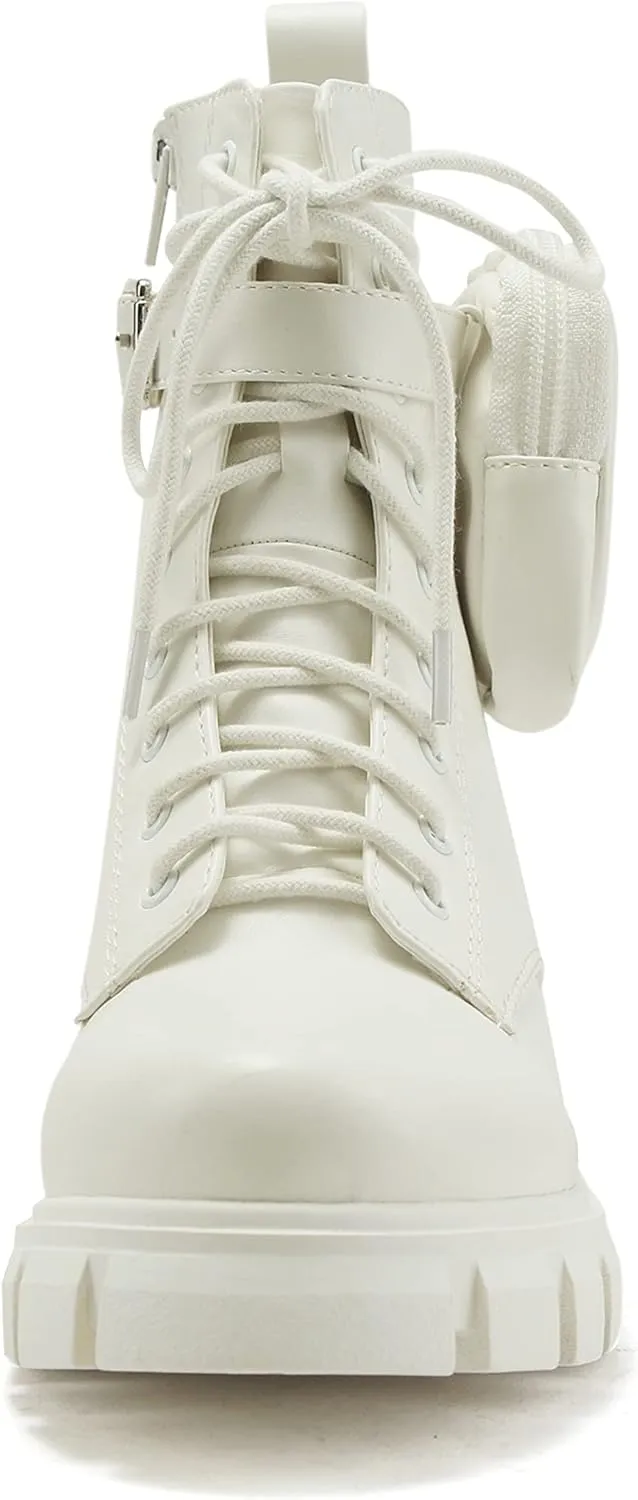 Soda BREACH ~ Women Lug Sole Mid Shaft Chunky Heel Fashion Combat Lace up Bootie W/Side Zipper & Pouch